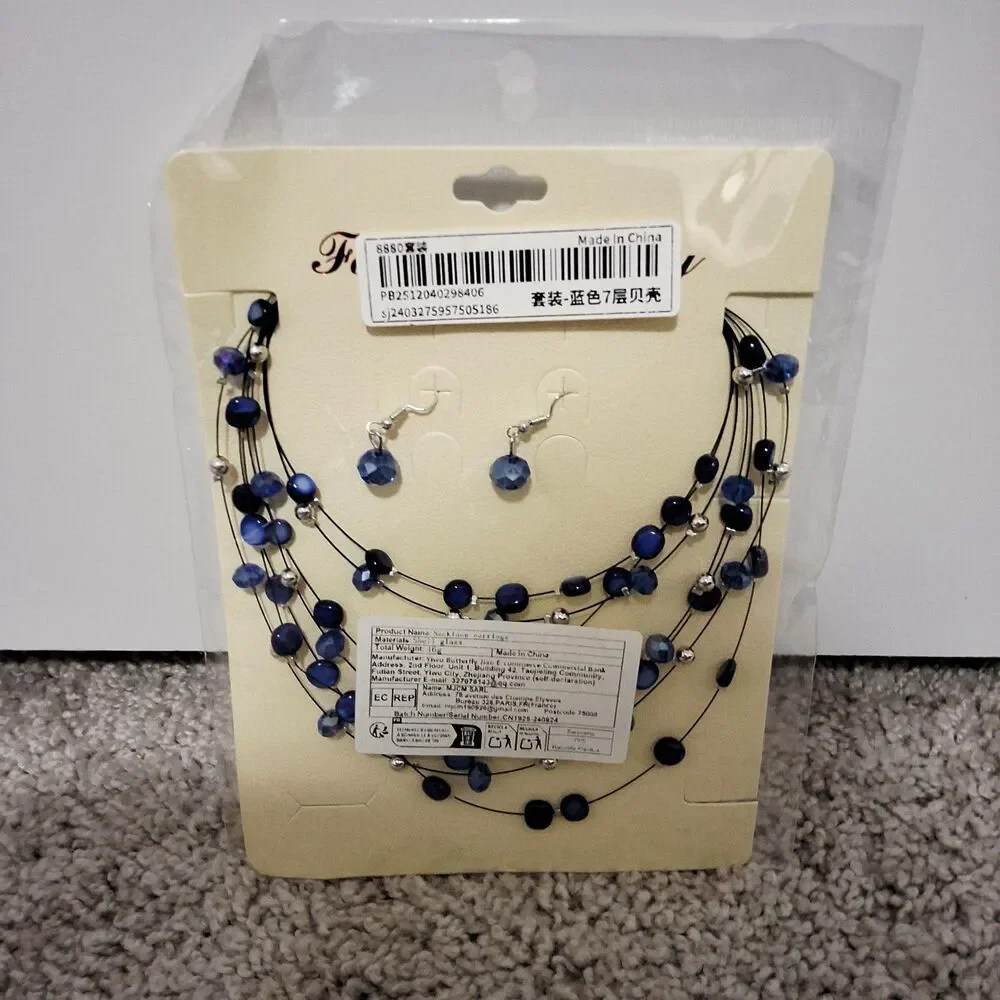 Shein Women's Multilayer Crystal Necklace & Earrings Set Blue & Silver New w/Tag